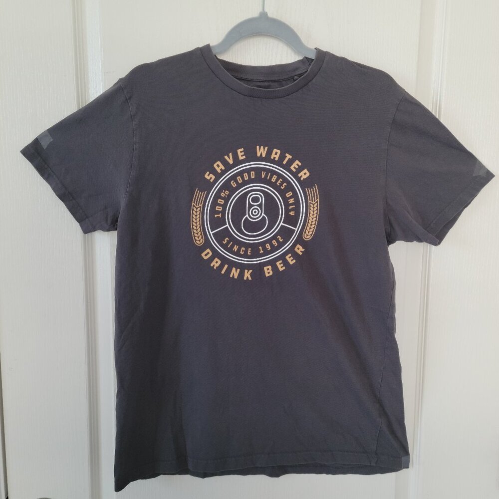 Gray Size L Short Sleeve Cotton T-Shirt Save Water Drink Beer Denim & Flower